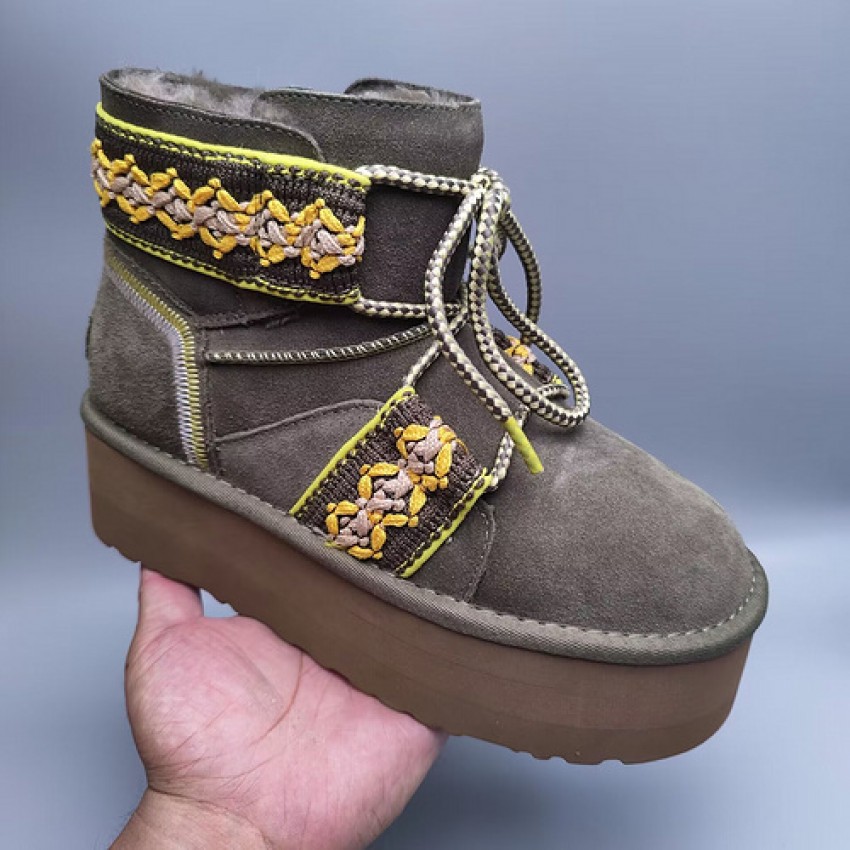 Ethnic Style Thick Sole Lace-Up Boots - Green