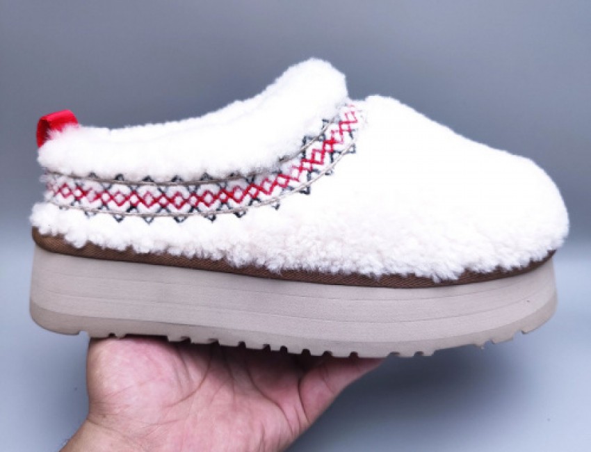 UGG Ethnic Style Teddy Roll Slippers - White/Red